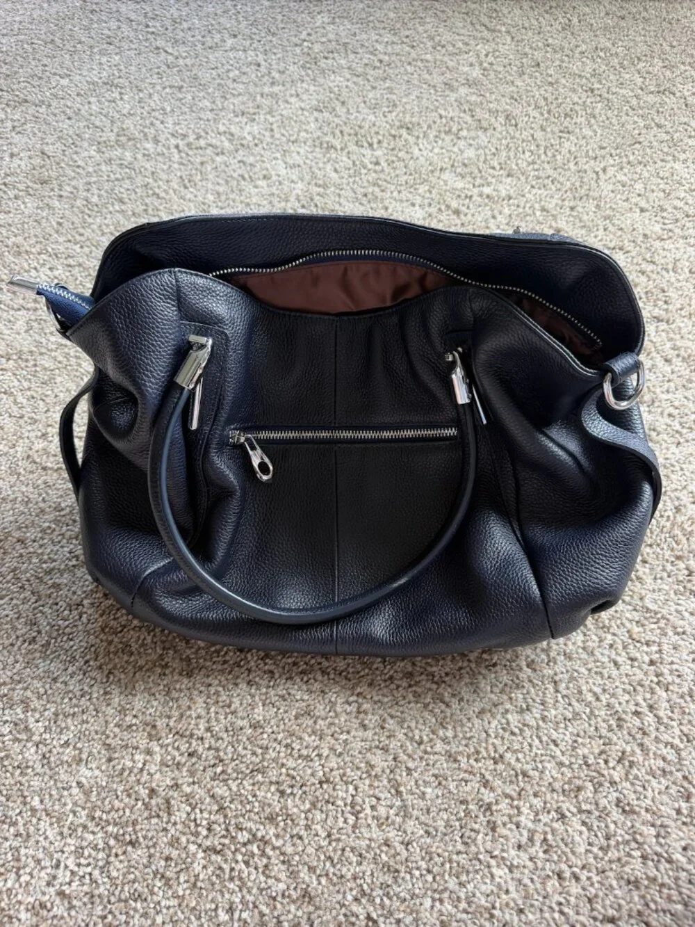 HESHE Genuine Leather Navy Blue Tote Shoulder Bag Satchel Hobo Crossbody